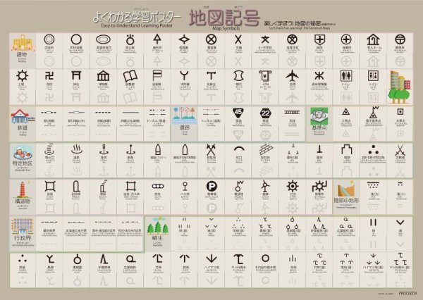 画像1: PROCEEDXよくわかる地図記号 学習ポスターPP加工 A2サイズ  イレーサー付きマーカー付属 折り目なし送付 日本製  [pro-1401] (1)